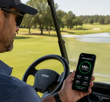 Golf cart owner monitoring a lithium battery from a smartphone in Mount Pleasant