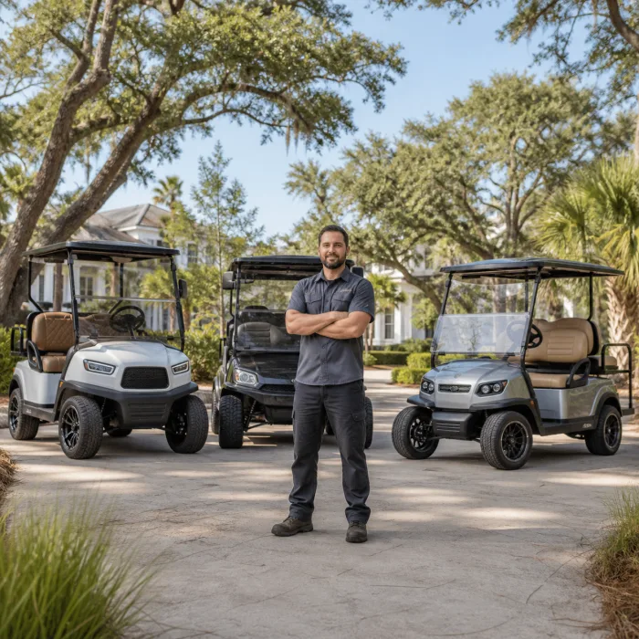 Technician servicing multiple golf cart styles in Belle Hall, Mount Pleasant