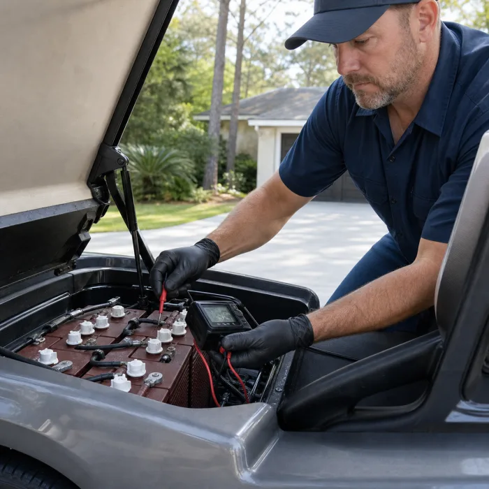 Technician testing golf cart batteries in Dunes West, Mount Pleasant