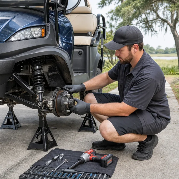 Technician inspecting golf cart brakes and suspension in Hamlin Plantation, Mount Pleasant
