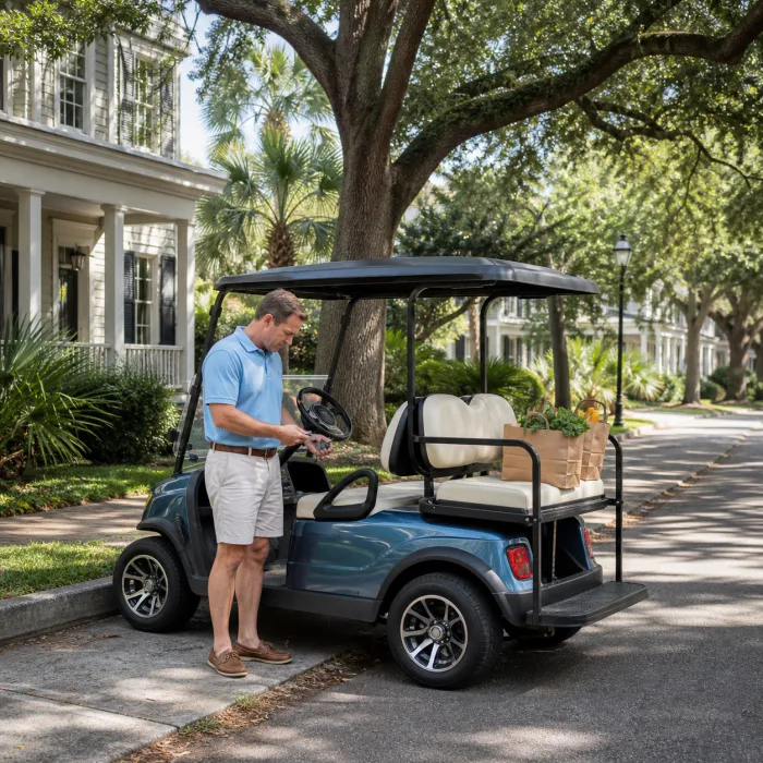 Resident inconvenienced by a broken-down golf cart in the Old Village, Mount Pleasant