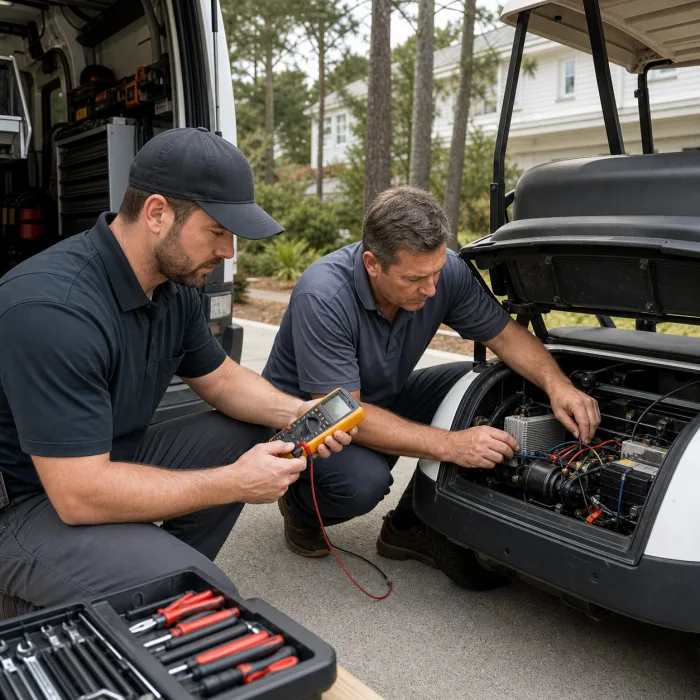 Golf cart repair technicians diagnosing a problem in Snee Farm, Mount Pleasant
